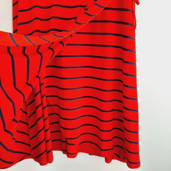 TORRID \ Faux Wrap Knee Length Midi Dress Stretch Jersey Knit Stripe Red Blue M - Picture 7 of 13